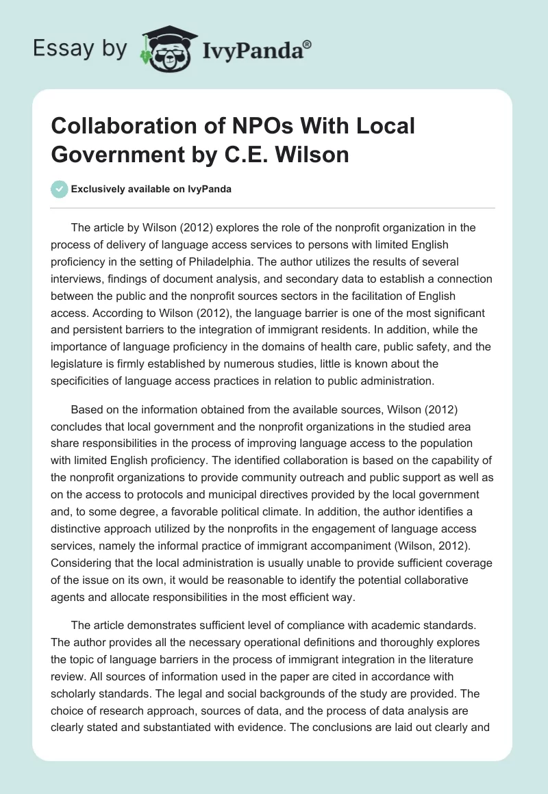 "Collaboration of NPOs With Local Government" by C.E. Wilson. Page 1