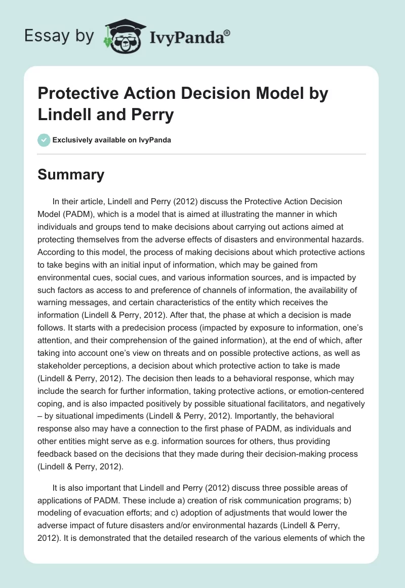 "Protective Action Decision Model" by Lindell and Perry. Page 1