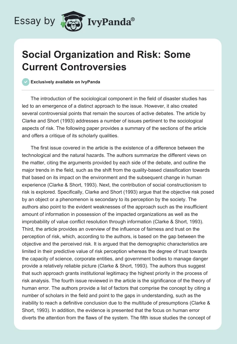 Social Organization and Risk: Some Current Controversies. Page 1