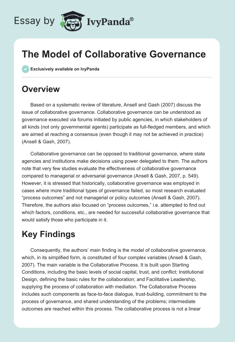 The Model of Collaborative Governance. Page 1