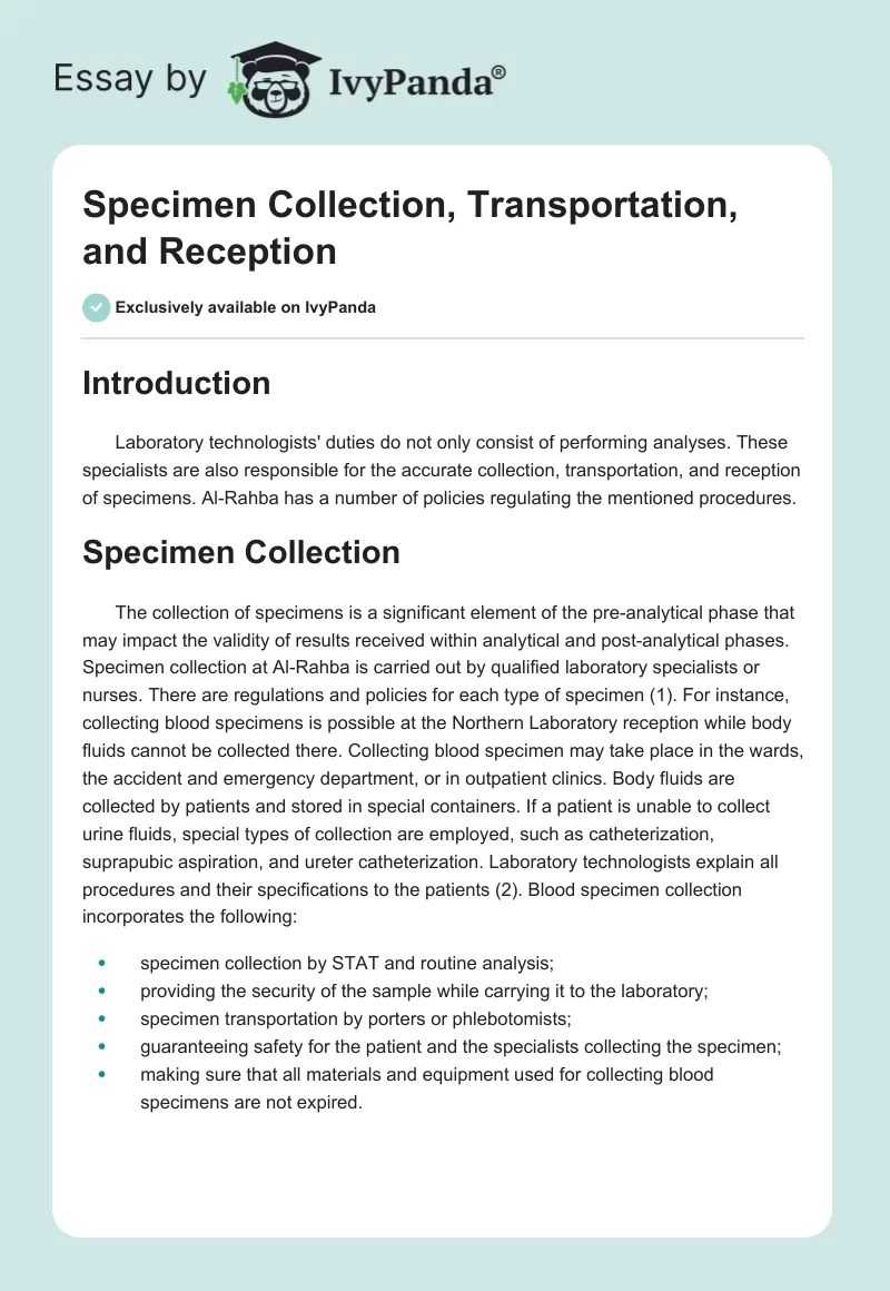 Specimen Collection, Transportation, and Reception. Page 1