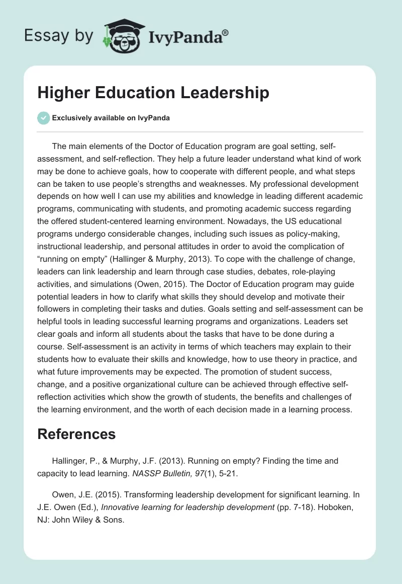 Higher Education Leadership. Page 1