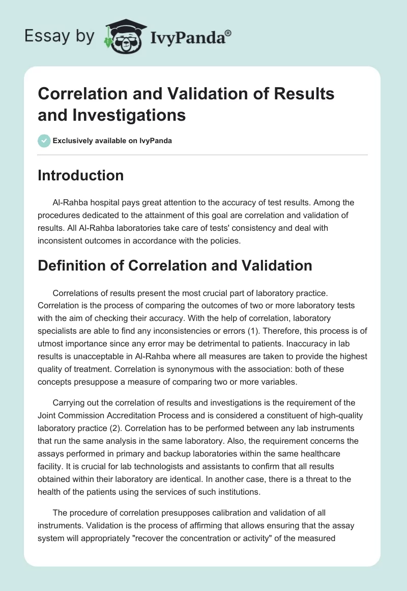Correlation and Validation of Results and Investigations. Page 1