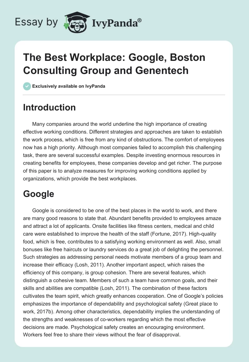 The Best Workplace: Google, Boston Consulting Group and Genentech. Page 1
