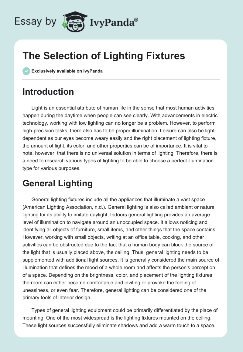 The Selection of Lighting Fixtures. Page 1