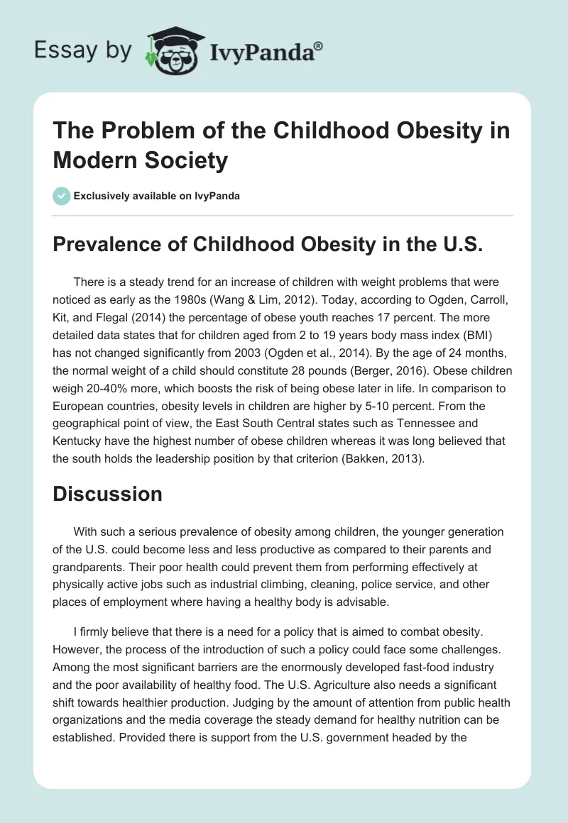 The Problem of the Childhood Obesity in Modern Society. Page 1