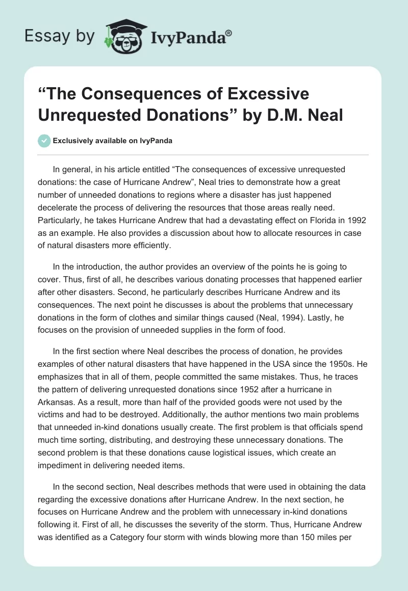 “The Consequences of Excessive Unrequested Donations” by D.M. Neal. Page 1