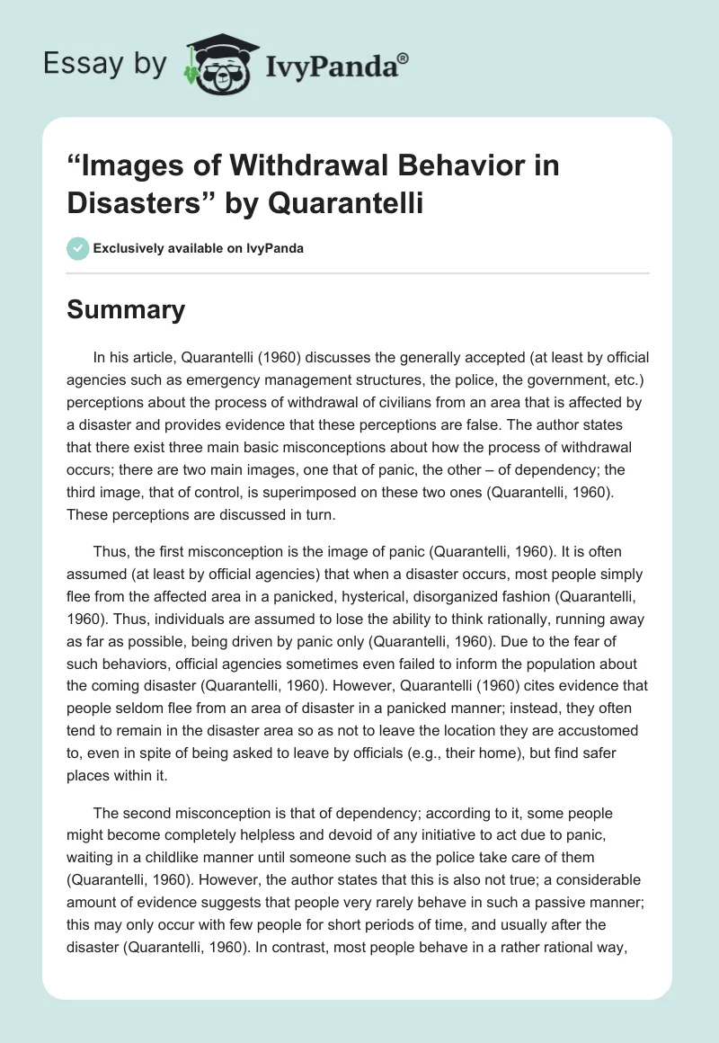 “Images of Withdrawal Behavior in Disasters” by Quarantelli. Page 1