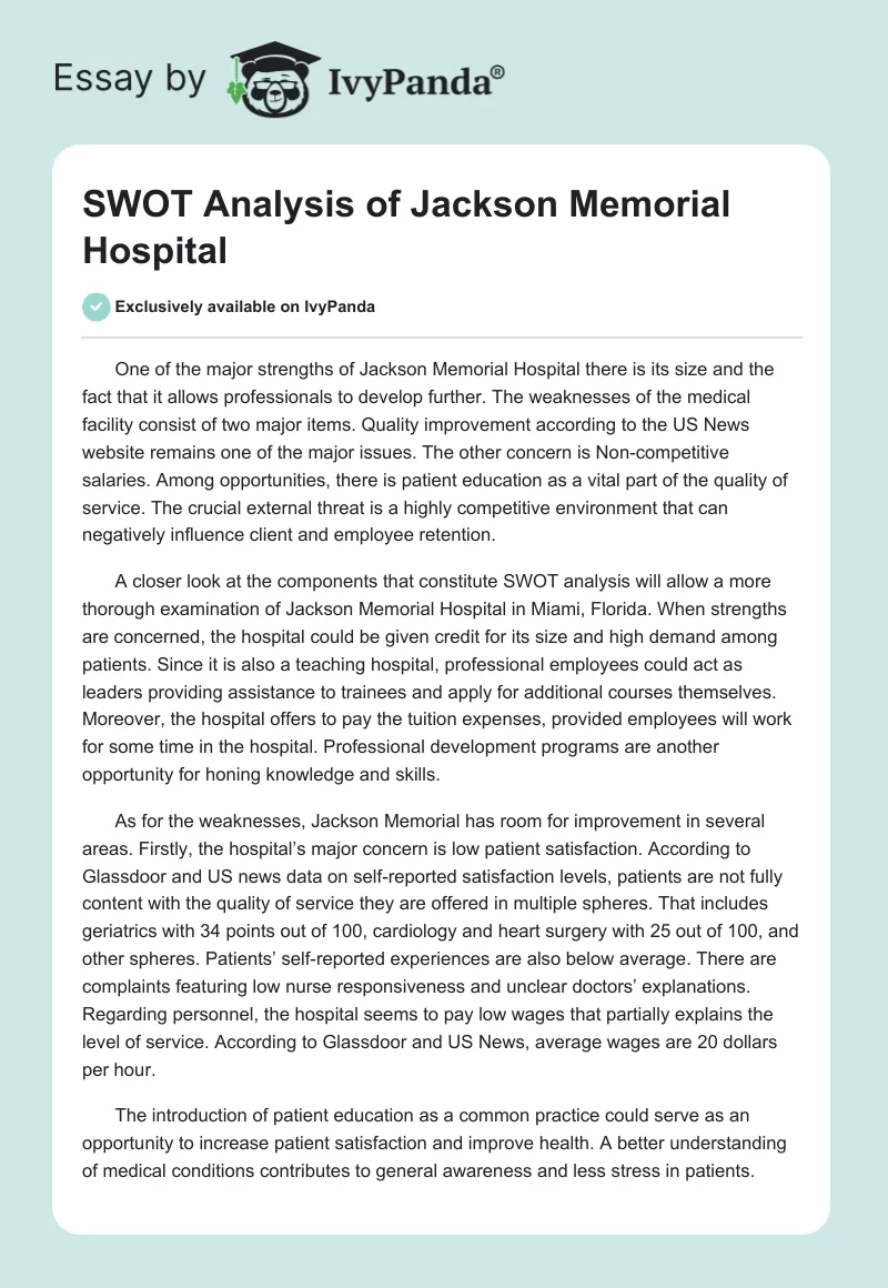 SWOT Analysis of Jackson Memorial Hospital. Page 1