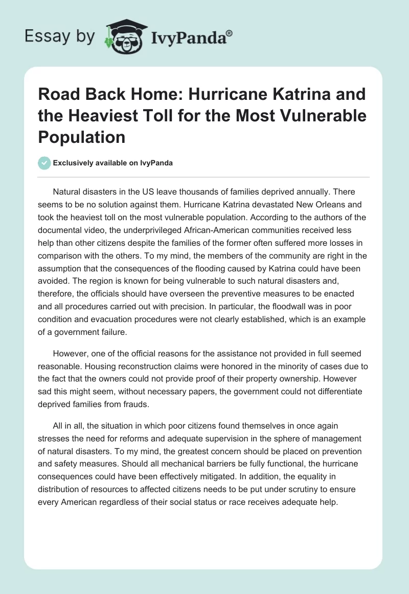Road Back Home: Hurricane Katrina and the Heaviest Toll for the Most Vulnerable Population. Page 1