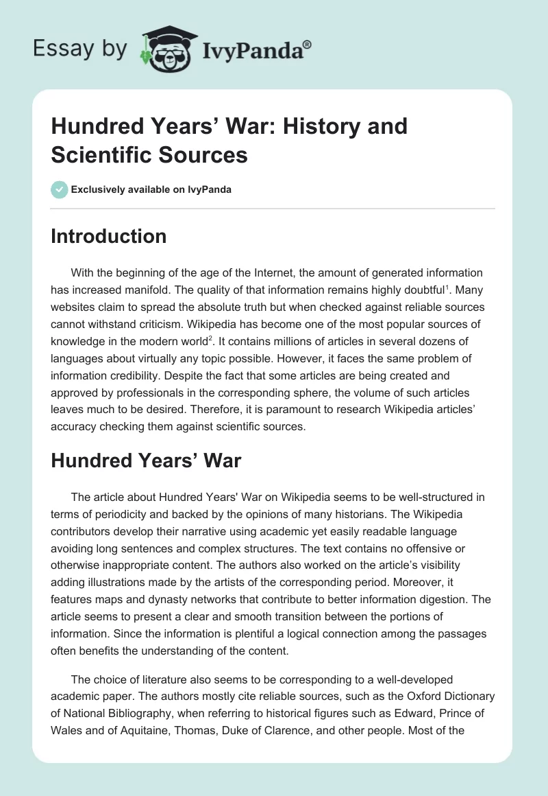 Hundred Years’ War: History and Scientific Sources. Page 1