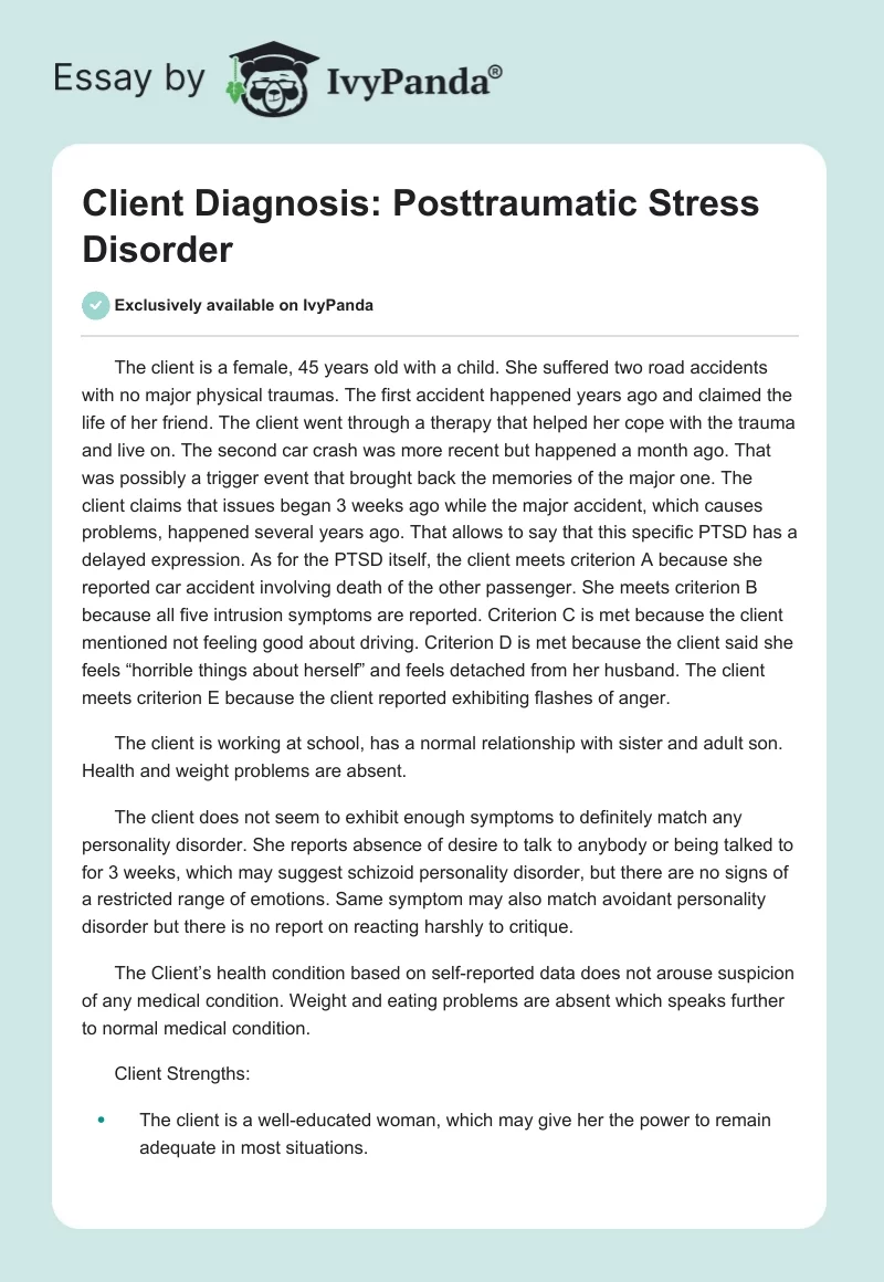 Client Diagnosis: Posttraumatic Stress Disorder. Page 1