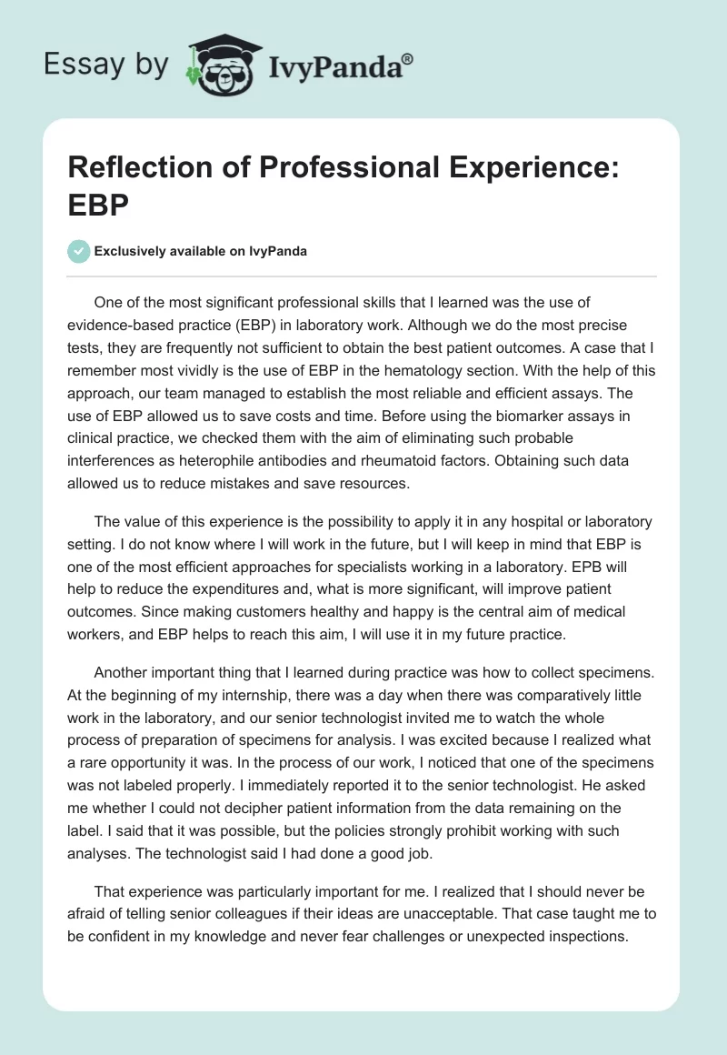 Reflection of Professional Experience: EBP. Page 1