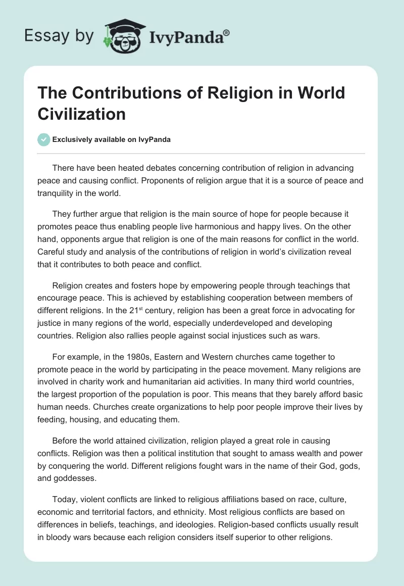 The Contributions of Religion in World Civilization. Page 1