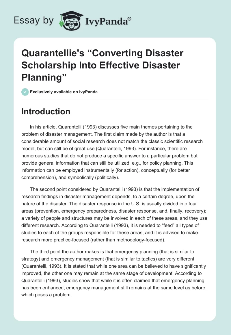 Quarantellie's “Converting Disaster Scholarship Into Effective Disaster Planning”. Page 1