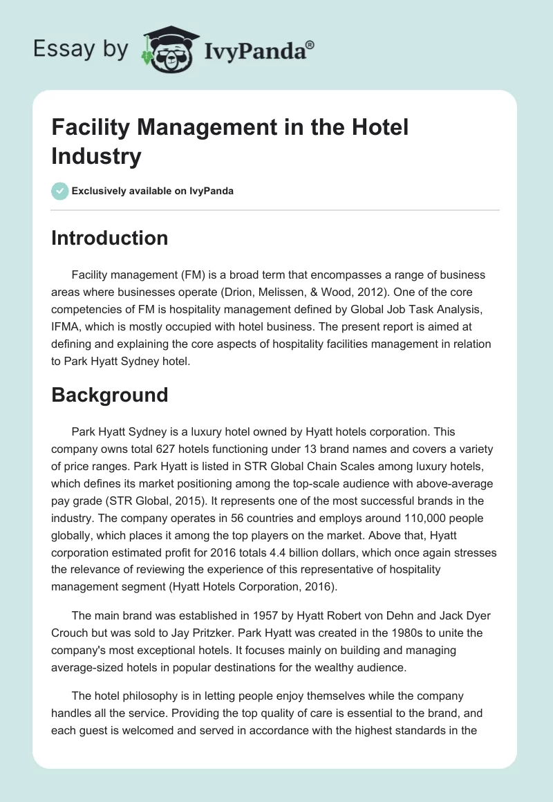 Facility Management in the Hotel Industry. Page 1