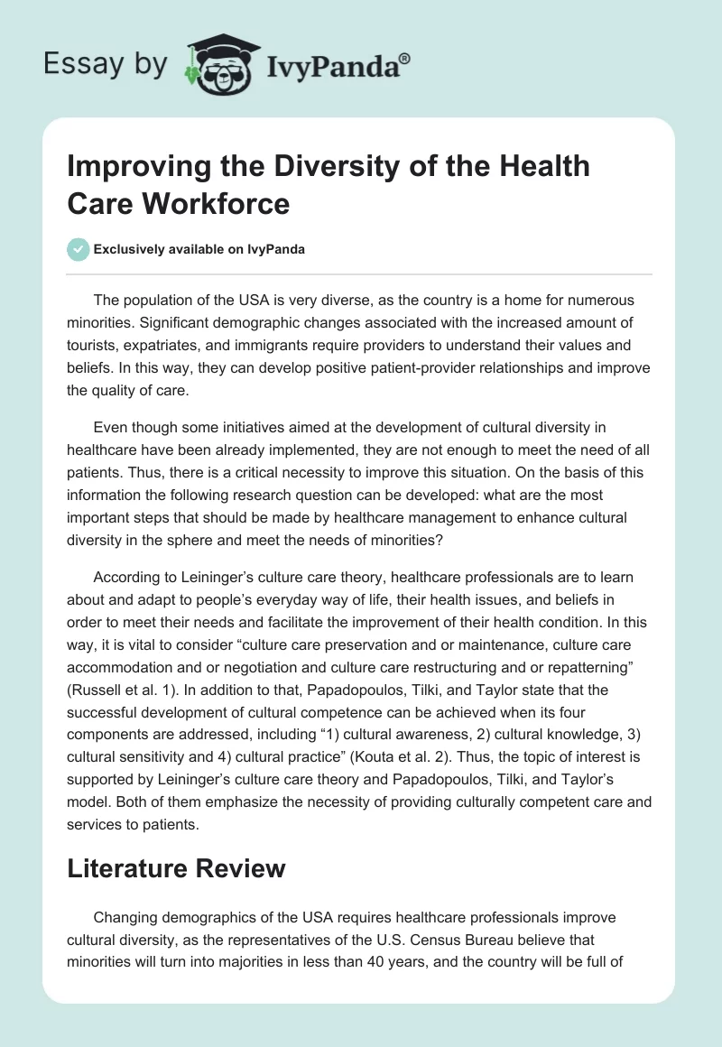 Improving the Diversity of the Health Care Workforce. Page 1
