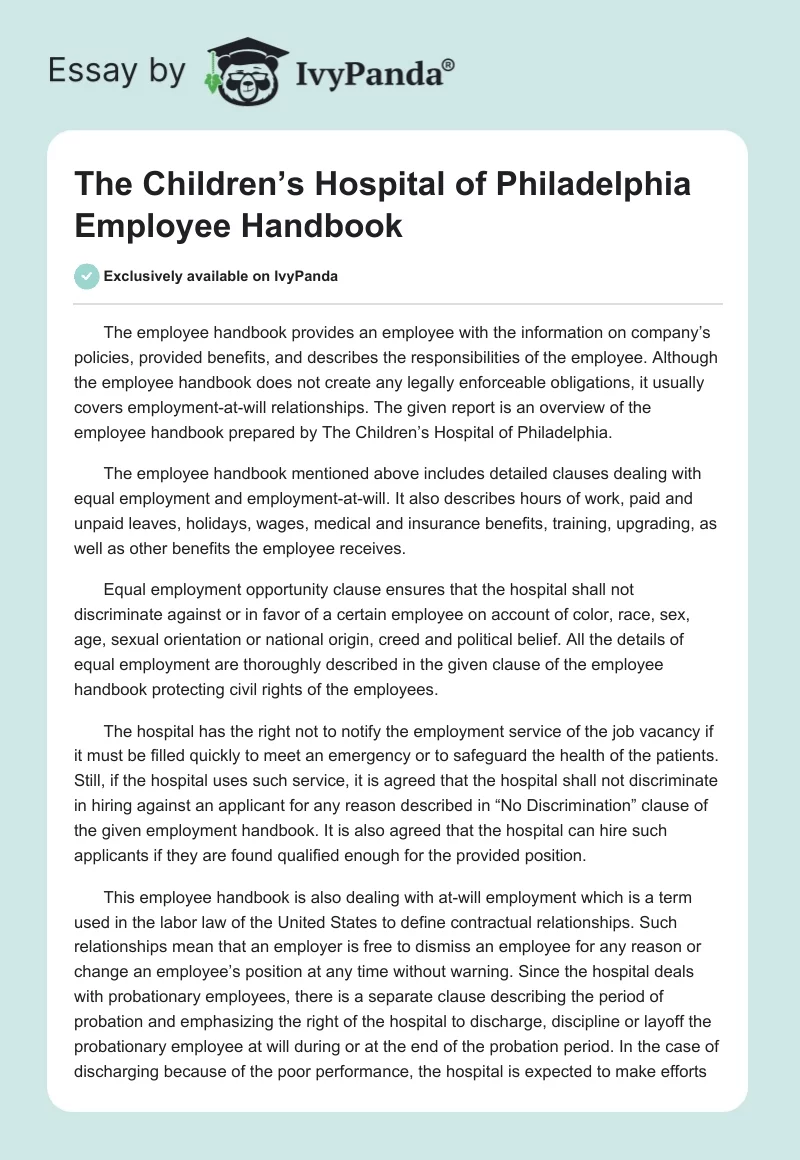 The Children’s Hospital of Philadelphia Employee Handbook. Page 1