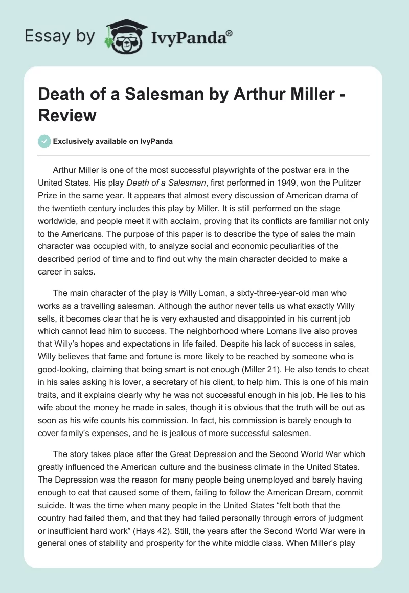 "Death of a Salesman" by Arthur Miller - Review. Page 1