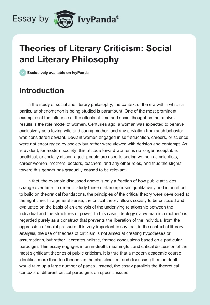 Theories of Literary Criticism: Social and Literary Philosophy. Page 1