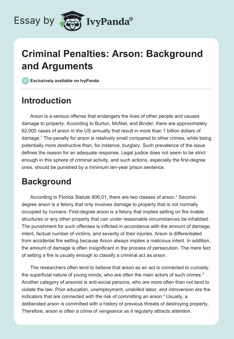 Criminal Penalties: Arson: Background and Arguments. Page 1