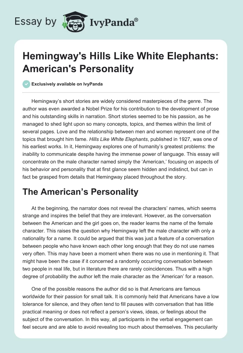 Hemingway's "Hills Like White Elephants": American's Personality. Page 1