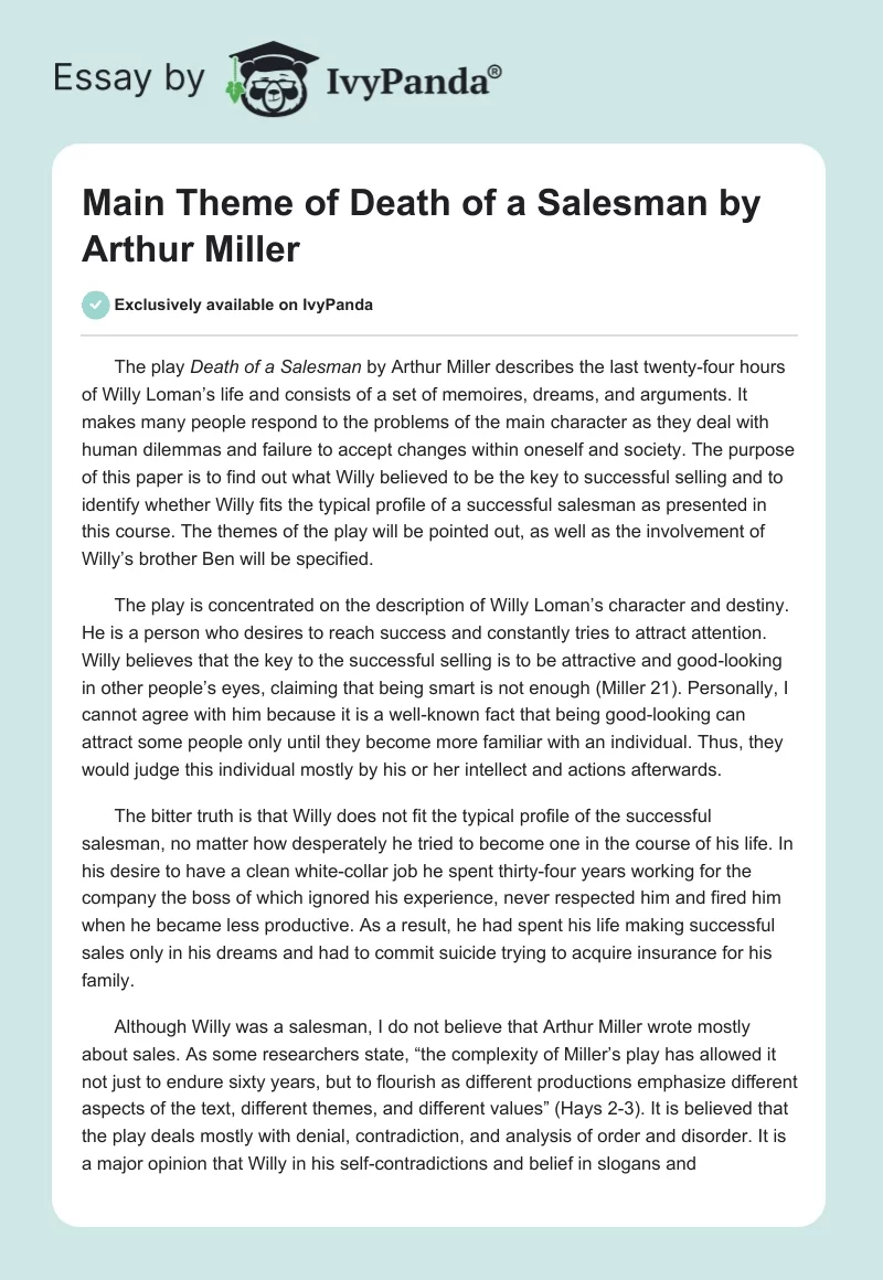 Main Theme of "Death of a Salesman" by Arthur Miller. Page 1