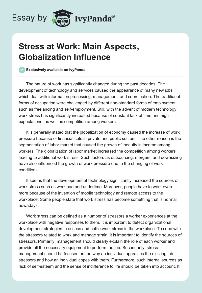 Stress at Work: Main Aspects, Globalization Influence. Page 1