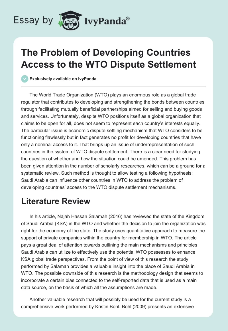 The Problem of Developing Countries Access to the WTO Dispute Settlement. Page 1
