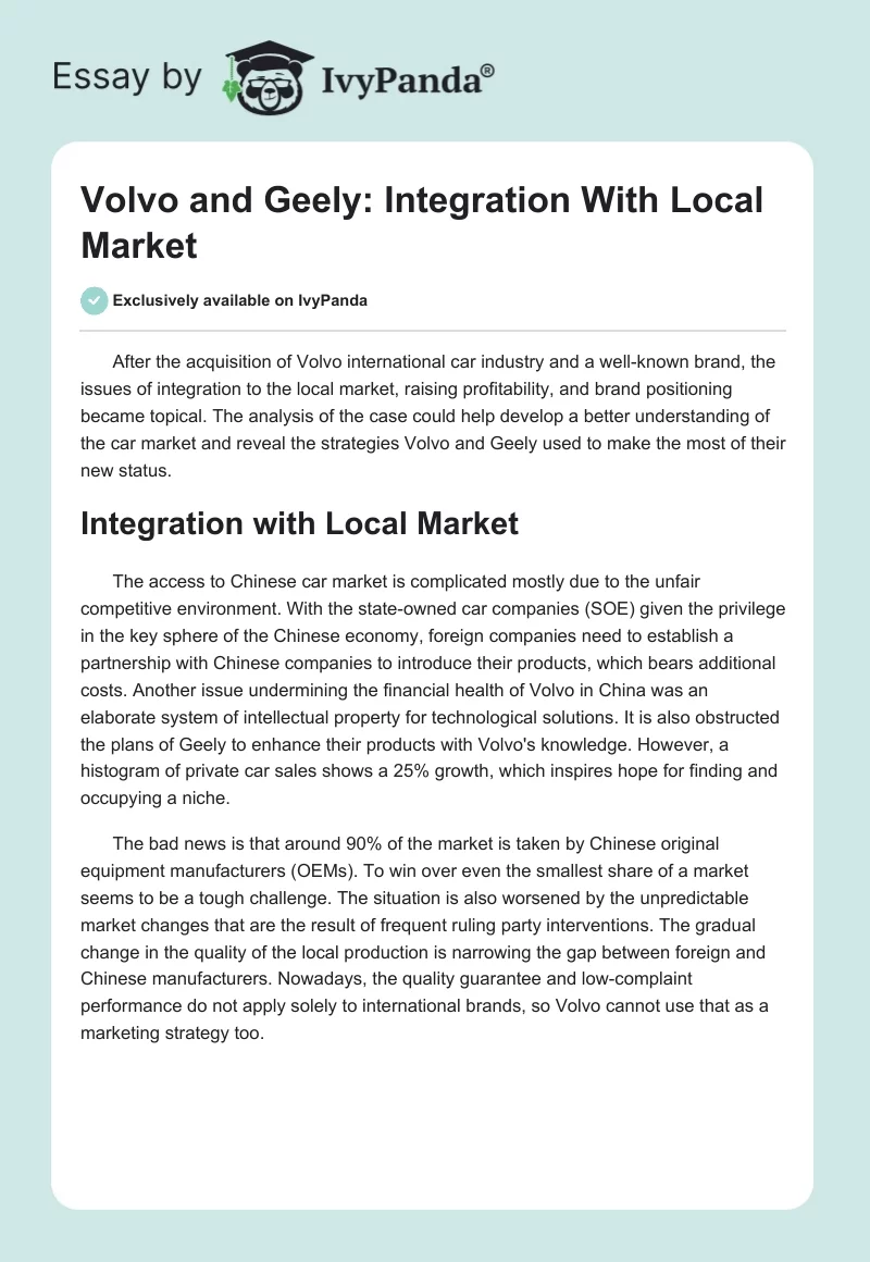 Volvo and Geely: Integration With Local Market. Page 1