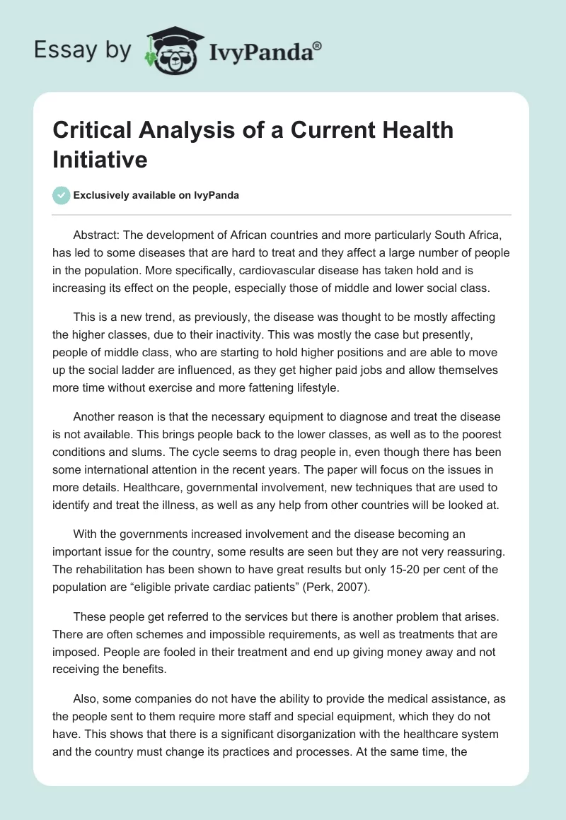 Critical Analysis of a Current Health Initiative. Page 1