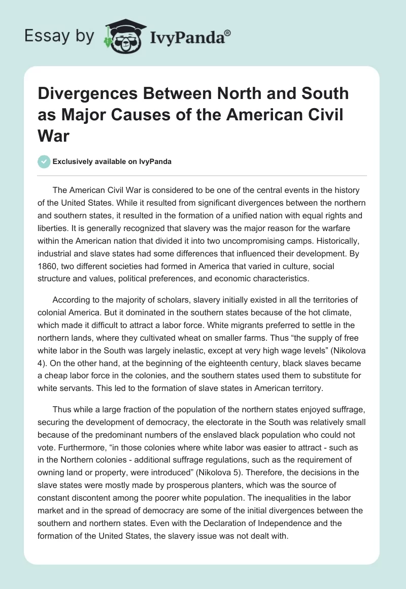 Divergences Between North and South as Major Causes of the American Civil War. Page 1