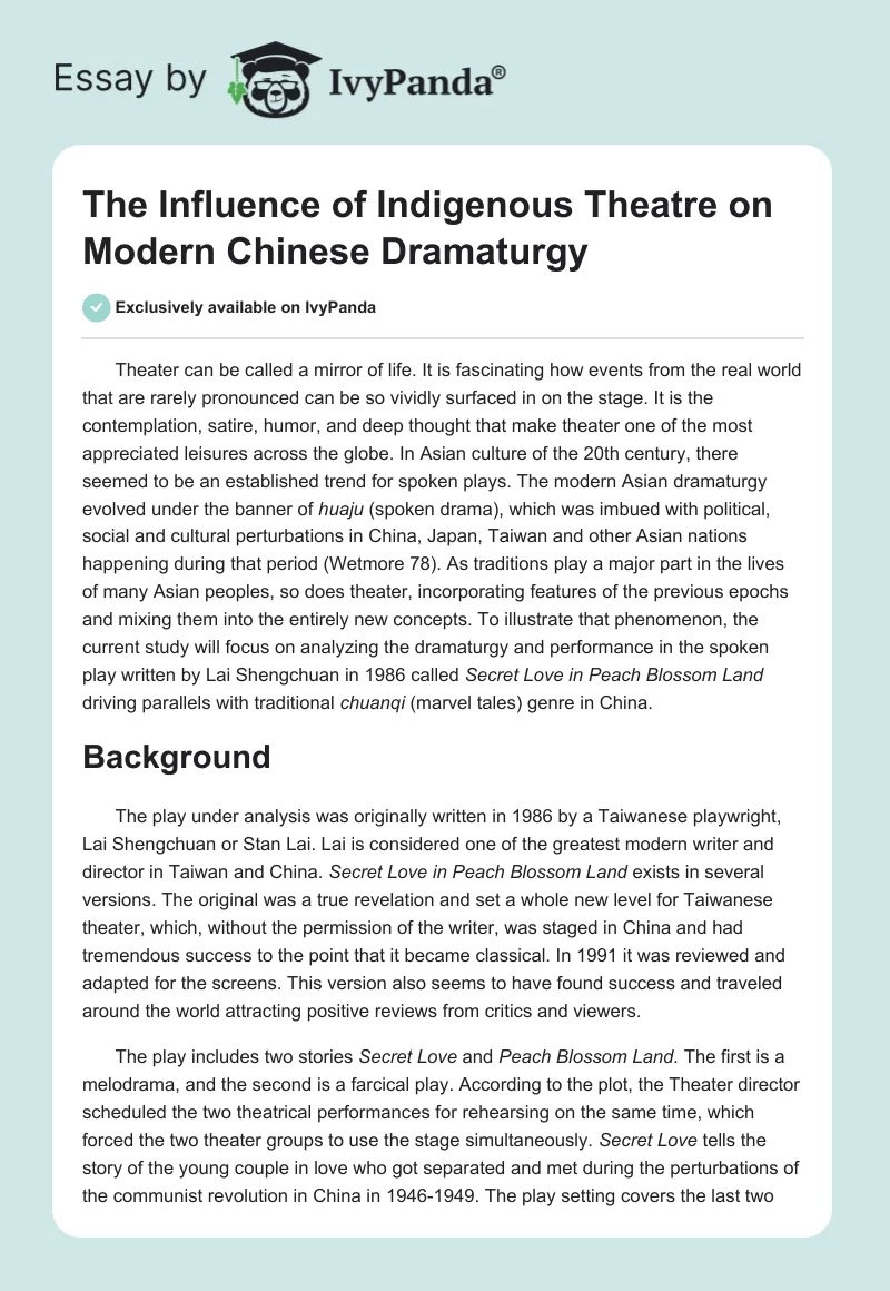 The Influence of Indigenous Theatre on Modern Chinese Dramaturgy. Page 1