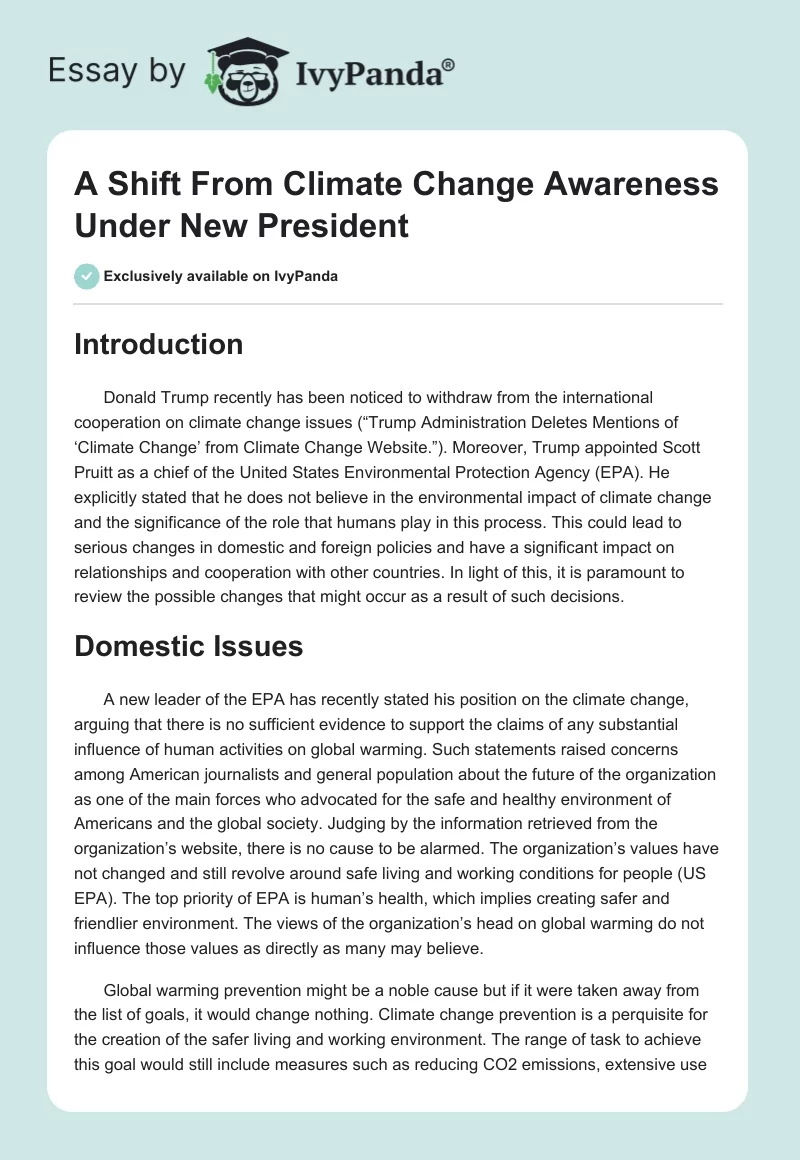 A Shift From Climate Change Awareness Under New President. Page 1