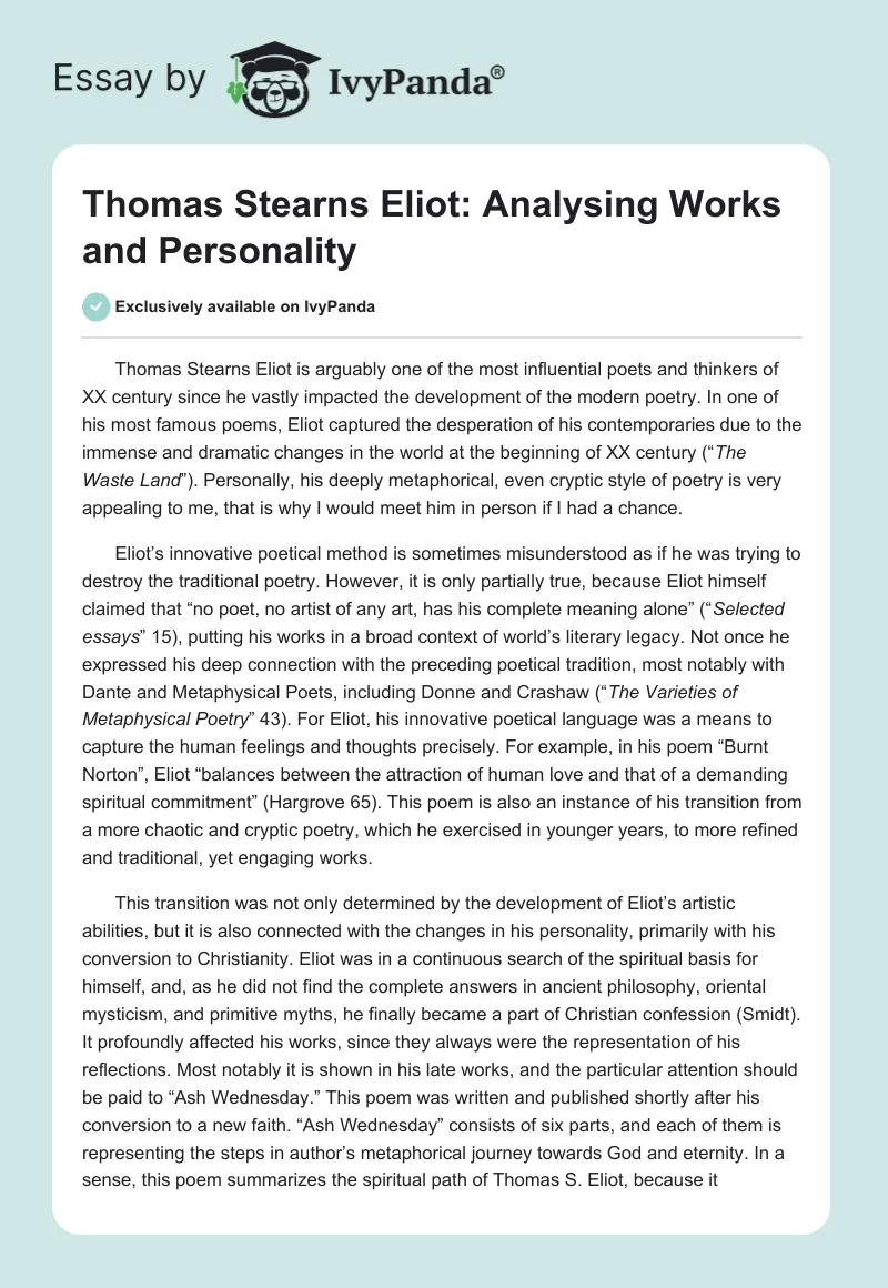 Thomas Stearns Eliot: Analysing Works and Personality. Page 1