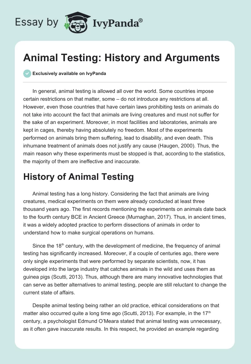 Animal Testing: History and Arguments. Page 1