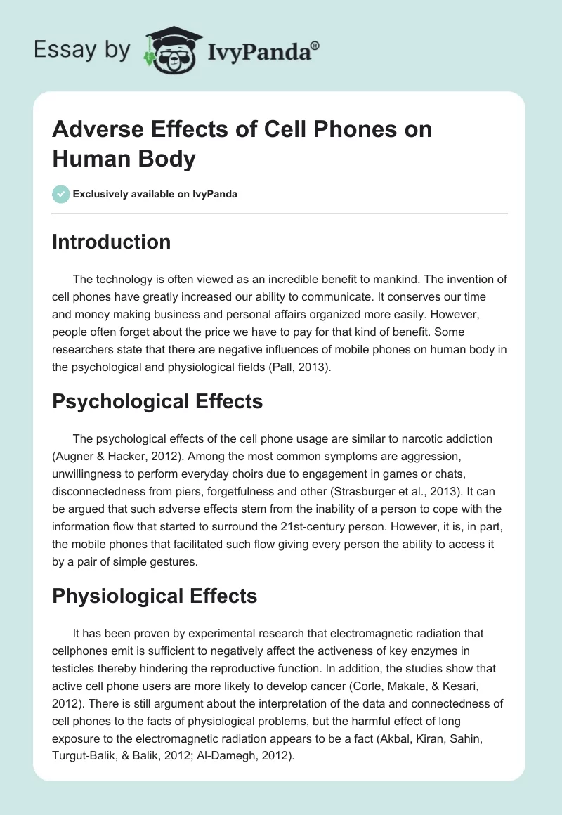 Adverse Effects of Cell Phones on Human Body. Page 1