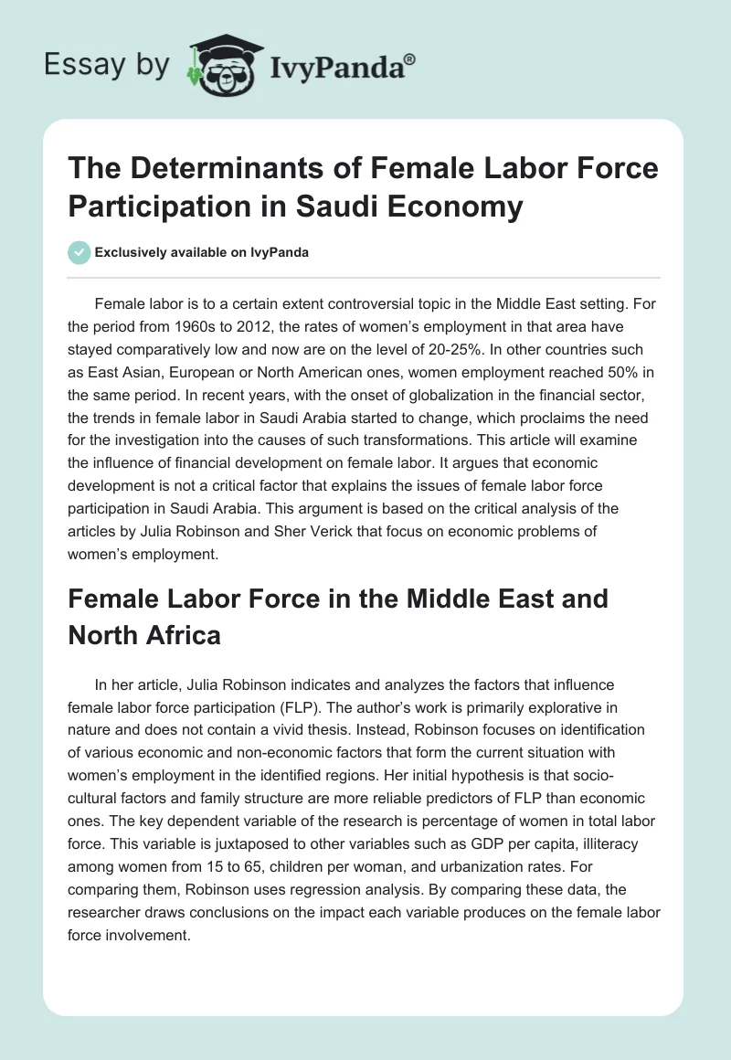 The Determinants of Female Labor Force Participation in Saudi Economy. Page 1