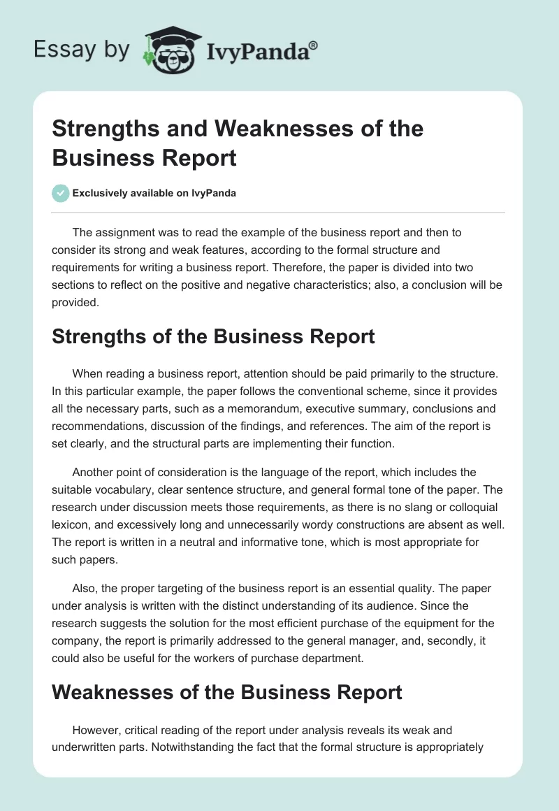 Strengths and Weaknesses of the Business Report. Page 1