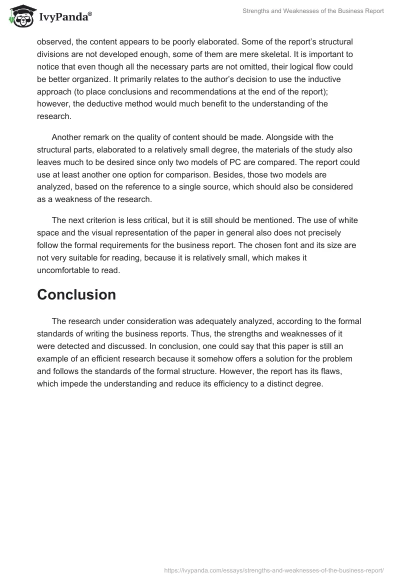 Strengths and Weaknesses of the Business Report. Page 2