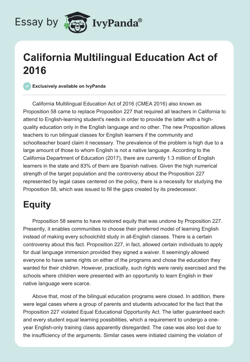 California Multilingual Education Act of 2016. Page 1