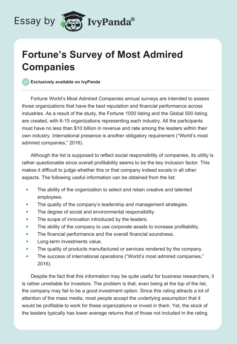 Fortune’s Survey of Most Admired Companies. Page 1