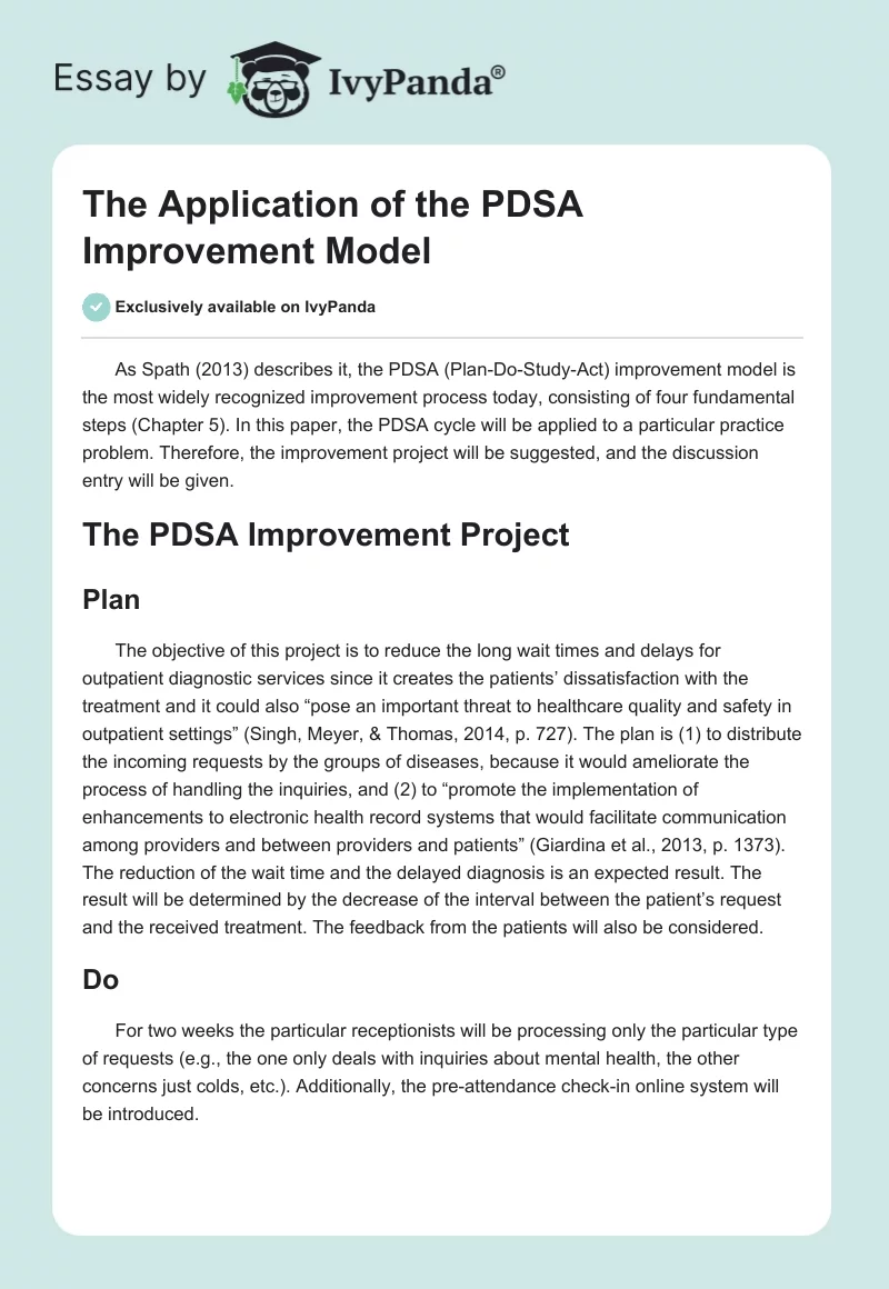 The Application of the PDSA Improvement Model. Page 1