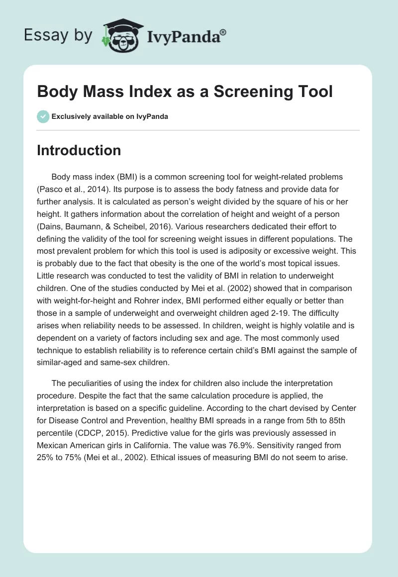 Body Mass Index as a Screening Tool. Page 1