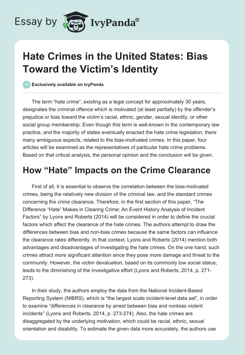 Hate Crimes in the United States: Bias Toward the Victim’s Identity. Page 1