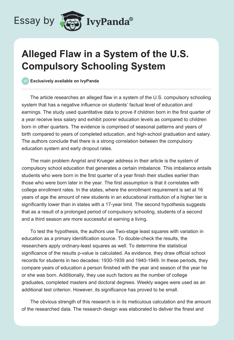 Alleged Flaw in a System of the U.S. Compulsory Schooling System. Page 1