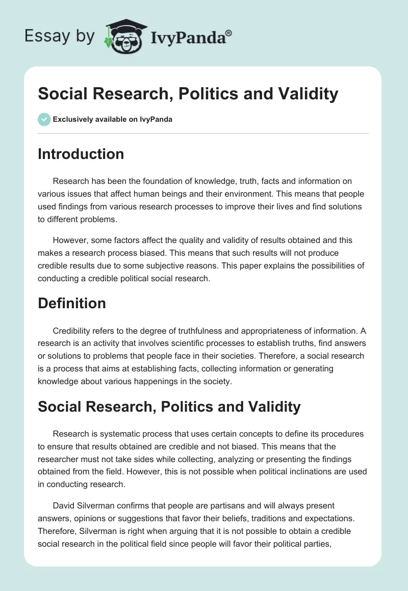Social Research, Politics and Validity. Page 1