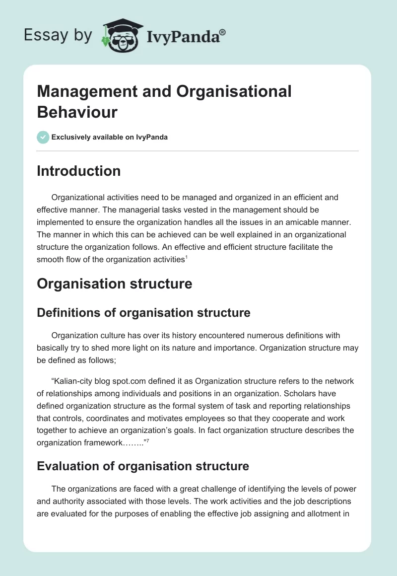 Management and Organisational Behaviour. Page 1