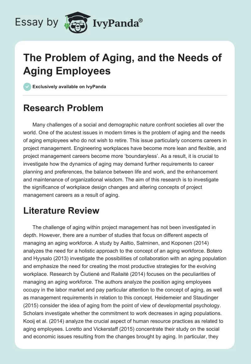 The Problem of Aging, and the Needs of Aging Employees. Page 1