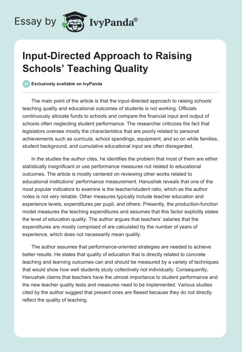 Input-Directed Approach to Raising Schools’ Teaching Quality. Page 1